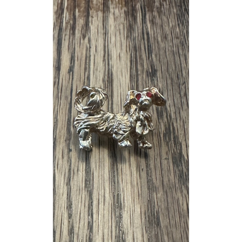 Vintage Gold Tone Textured Dog Brooch Red Rhinestone Eyes